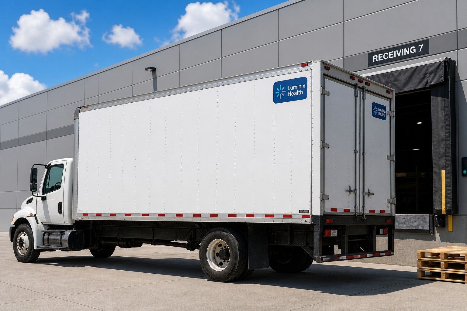 Luminix Health delivery truck at a laboratory loading dock under a summer sky
