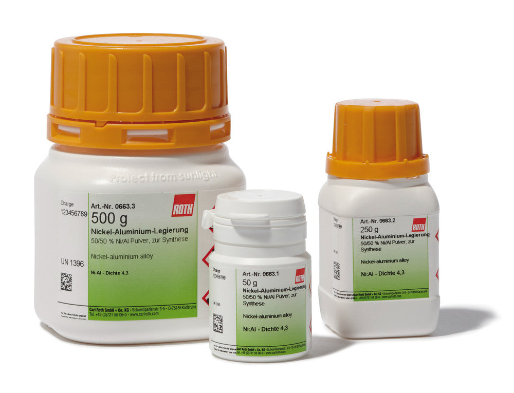 Nickel-aluminium alloy, 50/50 % Ni/Al powder, for synthesis, 50 g, plastic - Luminix Health