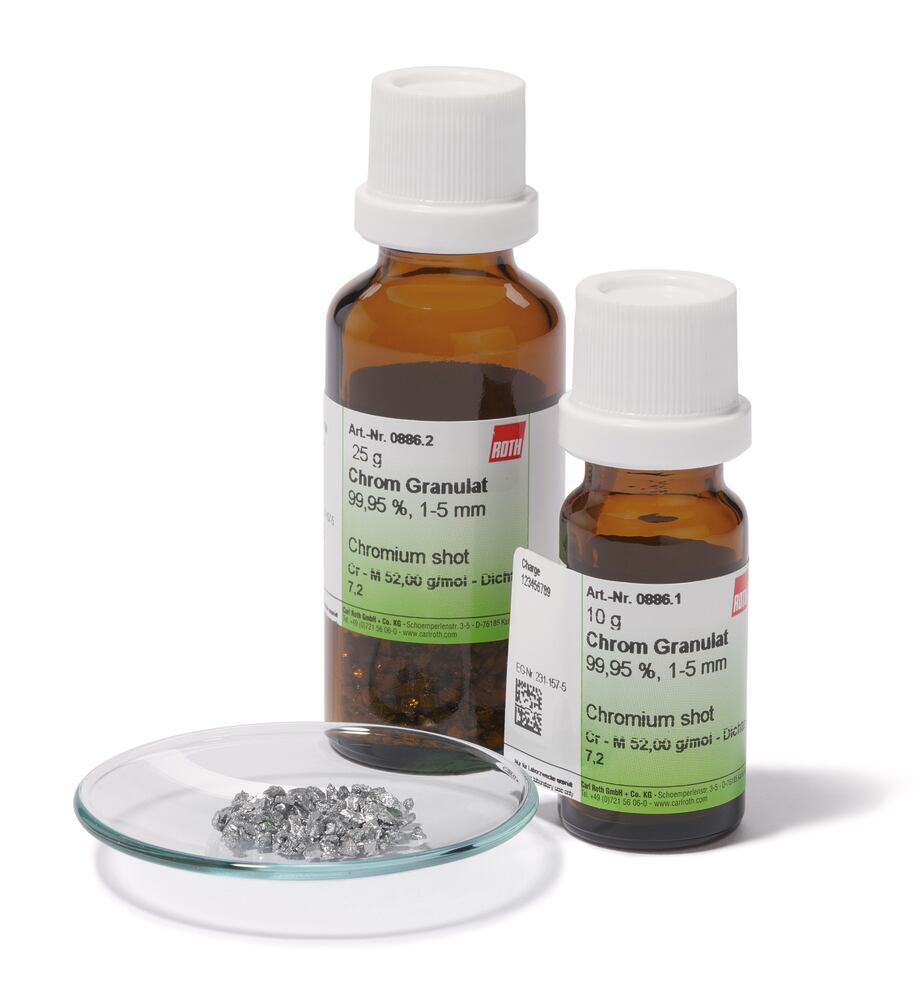 Chromium shot, min. 99,95 %, 1-5 mm, 10 g, glass - Luminix Health