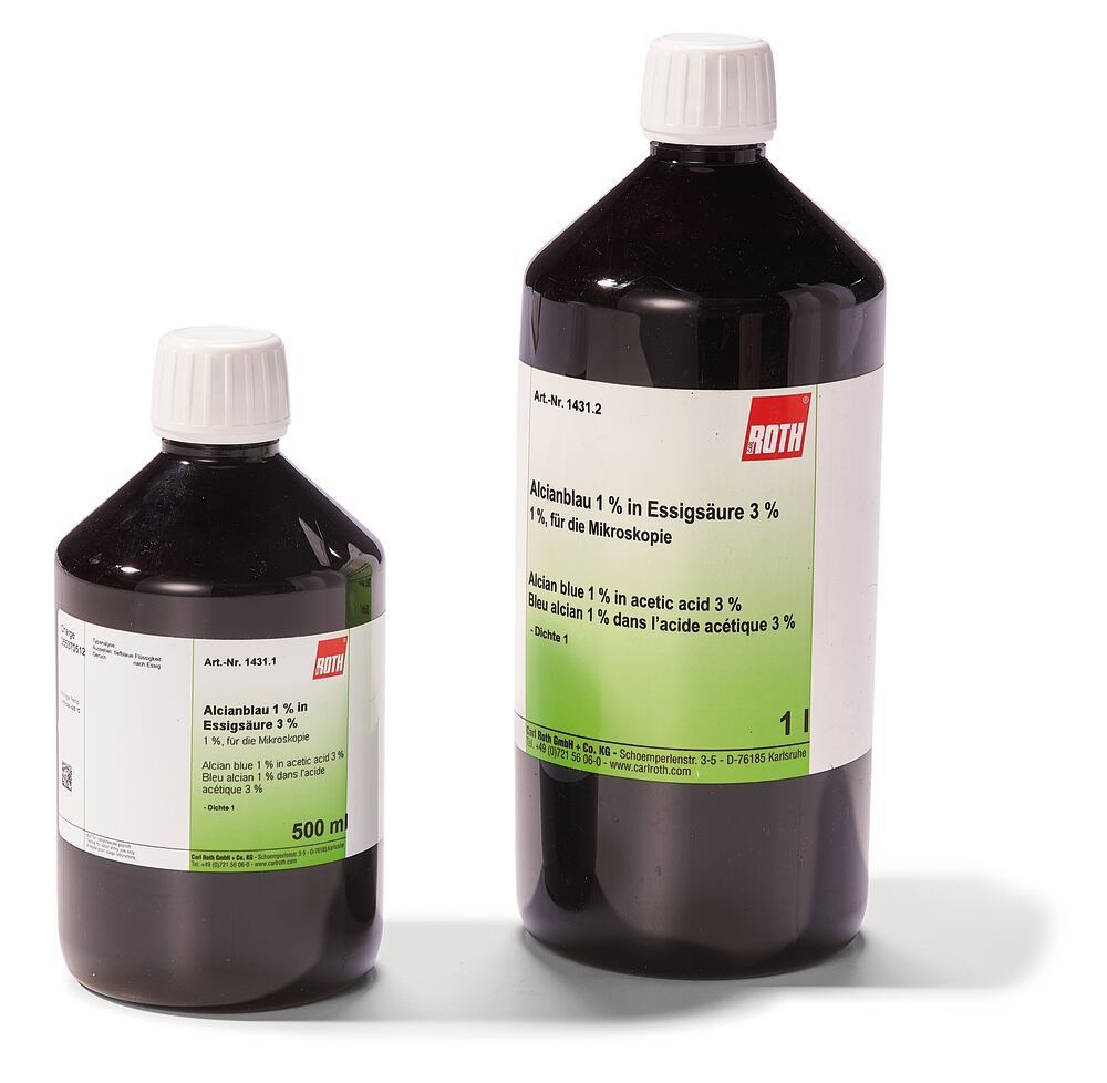 Alcian blue 1 % in acetic acid 3 %, for microscopy, 500 ml, plastic - Luminix Health