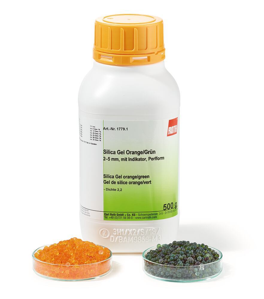 Silica gel orange/green, 2-5 mm, with colour indicator, pearls, 500 g, plastic - Luminix Health