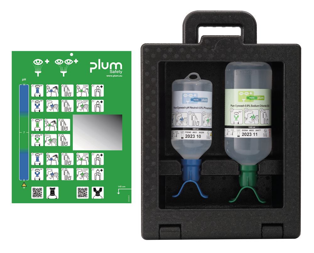 Plum iBox 2 eye wash station, 1x1000ml DUO eye wash sol, 1x500ml pH N - Luminix Health