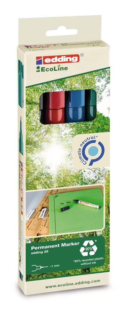 25 EcoLine permanent marker set, black, blue, red, green, 1 mm, 4 unit(s) - Luminix Health