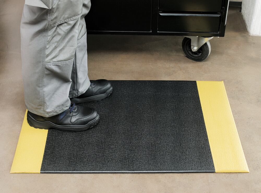 JOLLY ergonomic workplace mat, Black, yellow, edges 60cm, 90x60cmx9.5mm - Luminix Health