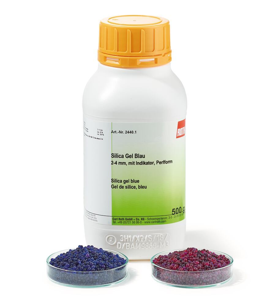 Silica gel blue, 2-4 mm, with colour indicator, pearls, 500 g, plastic - Luminix Health