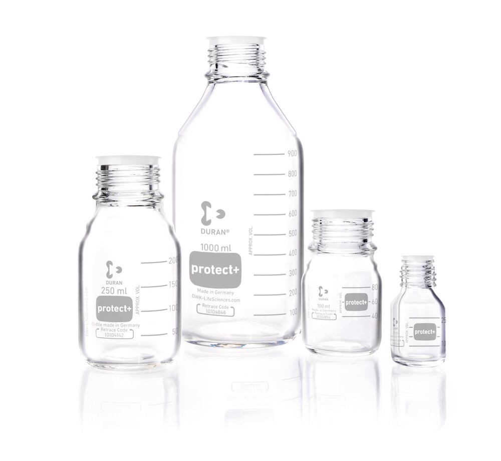 DURAN® protect+ screw top bottle, with dust cap, clear glass, 500 ml, 1 unit(s) - Luminix Health