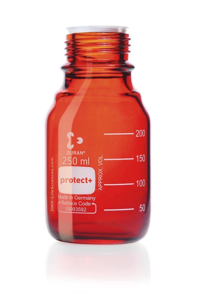 DURAN® protect+ screw top bottle, with dust cap, brown glass, 250 ml, 10 unit(s) - Luminix Health