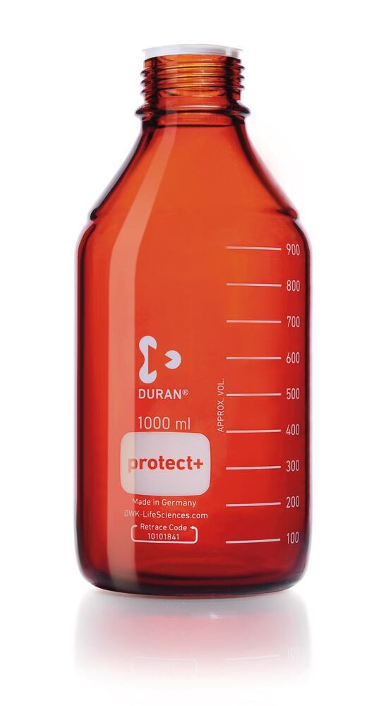 DURAN® protect+ screw top bottle, with dust cap, brown glass, 1000 ml - Luminix Health