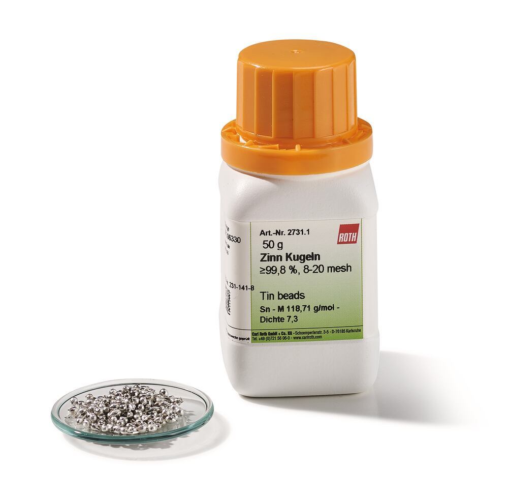 Tin beads, min. 99,8 %, 8-20 mesh, 50 g, plastic - Luminix Health