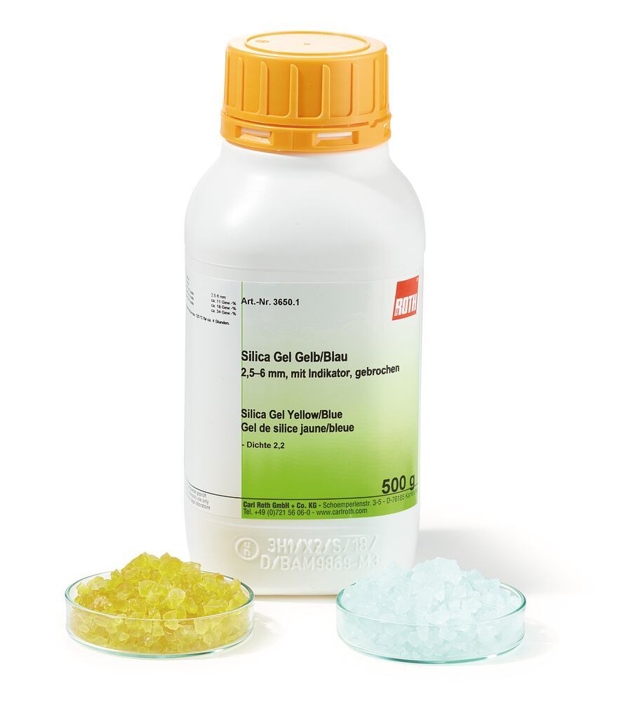Silica Gel Yellow/Blue, 2.5-6 mm, with colour indicator, fractured, 500 g - Luminix Health