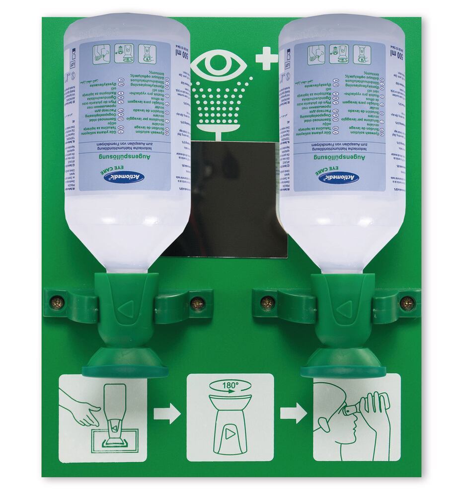 Actiomedic Double I eye wash station, 2x500 ml eye wash bottles, NaCl solution - Luminix Health