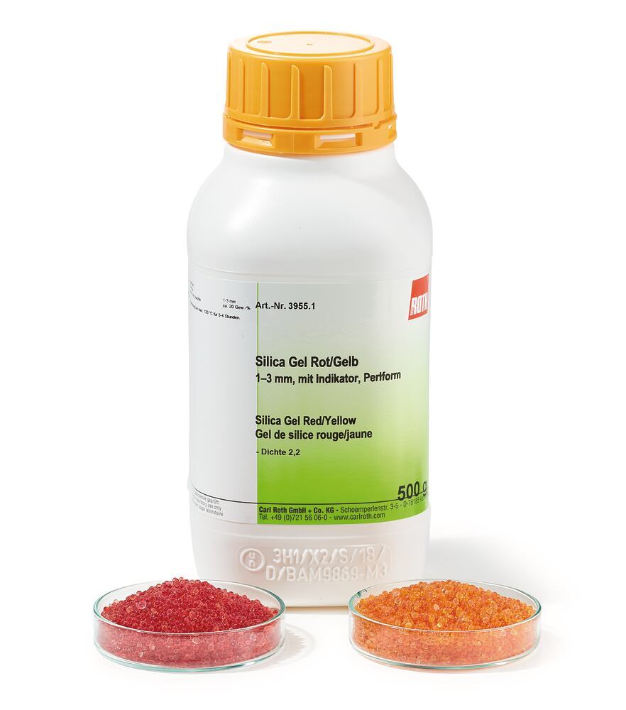 Silica Gel red/yellow, 1-3 mm, with colour indicator, pearls, 500 g, plastic - Luminix Health