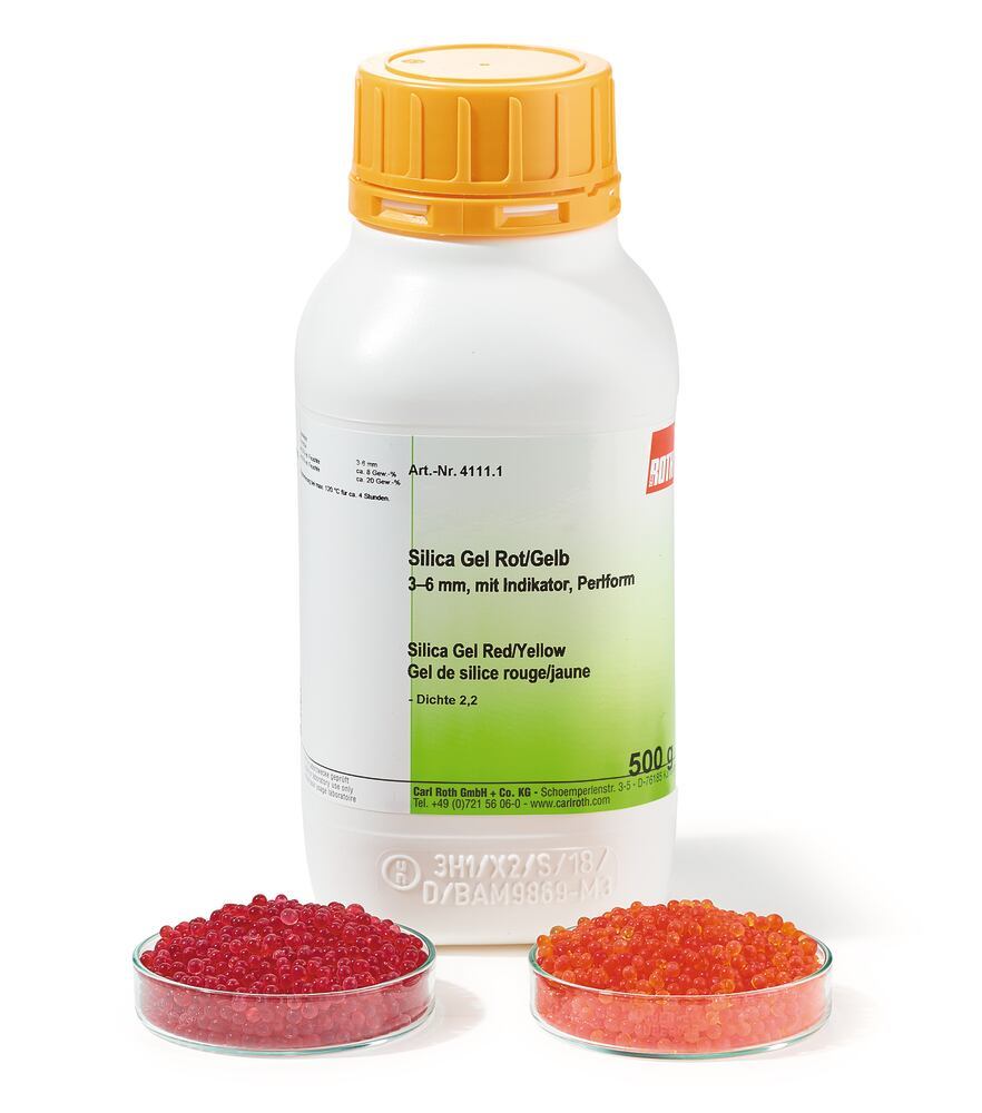 Silica Gel red/yellow, 3-6 mm, with colour indicator, pearls, 500 g, plastic - Luminix Health