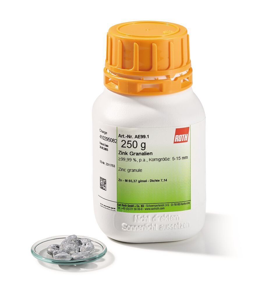 Zinc granule, min. 99.99 %, p.a., particle sice, 5-15 mm, 250 g, plastic - Luminix Health