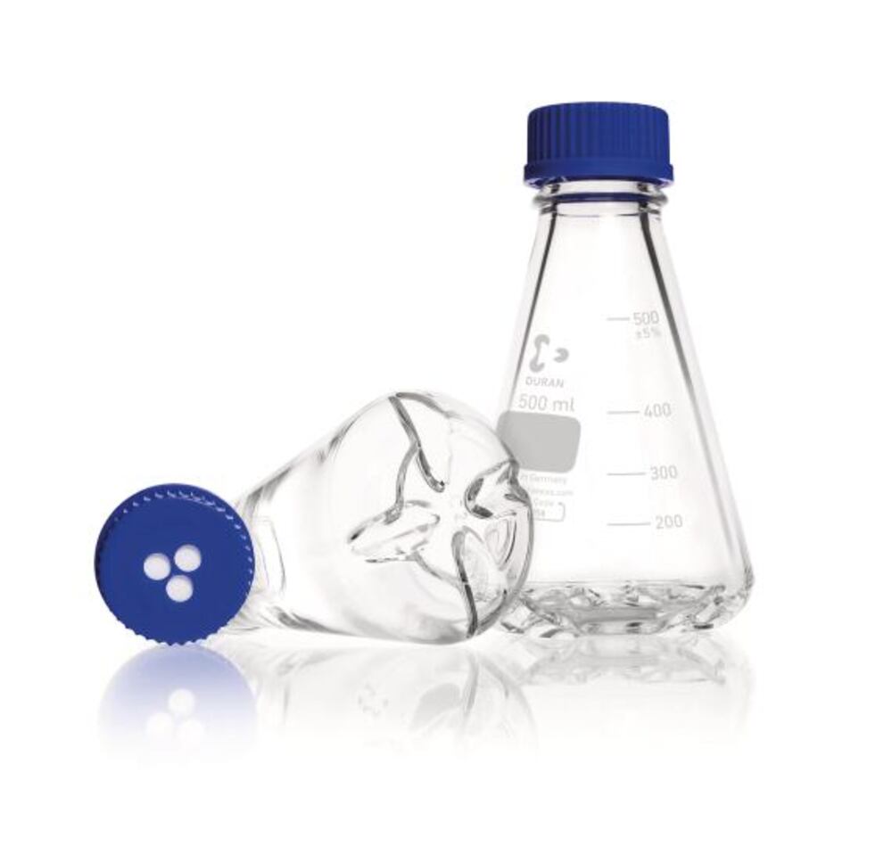 Erlenmeyer flask with 4 baffles, DURAN®, 250 ml, GL45, with diaphragm screw caps - Luminix Health