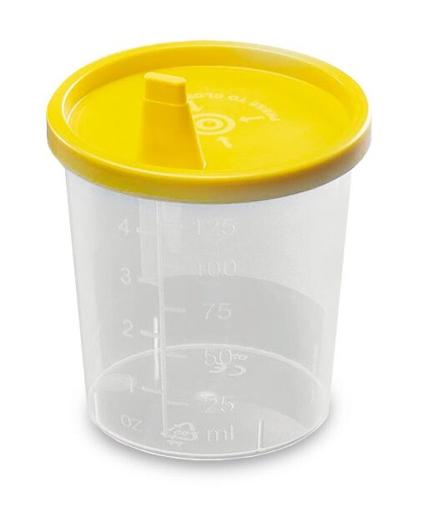 Sample beakers with snap-on lid, 125 ml, Yellow lid, with spout, sterile - Luminix Health