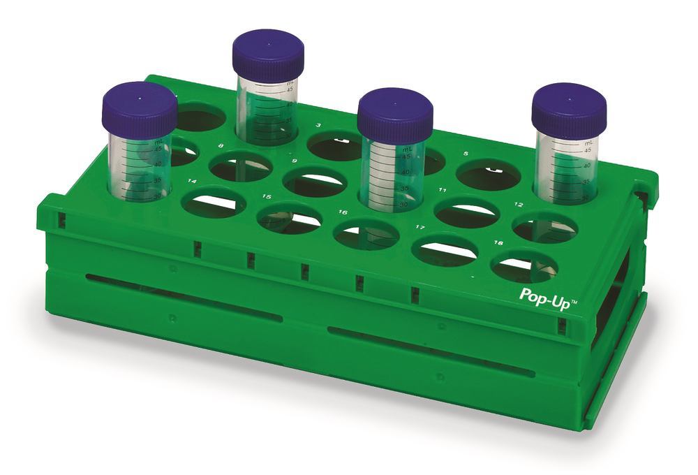 Pop-UpTM Rack,green,18x50ml centr.vials, Ø 30 mm, L 255 x W 137 x H 72 mm - Luminix Health