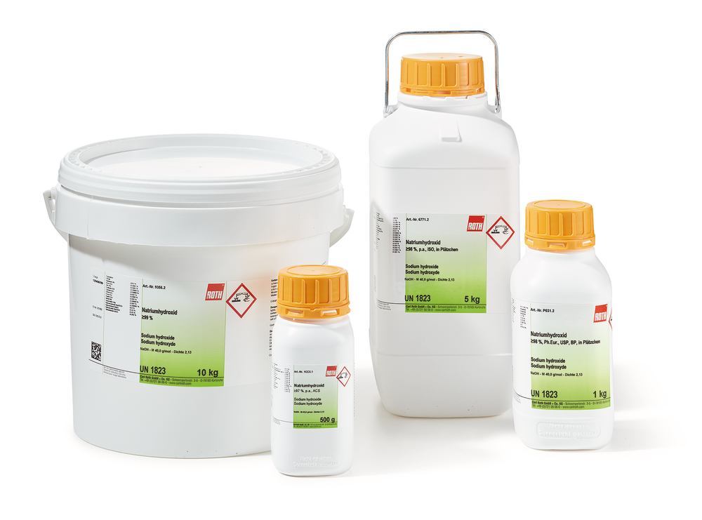 Sodium hydroxide, min. 97 %, p.a., ACS, in pellets, 500 g, plastic - Luminix Health