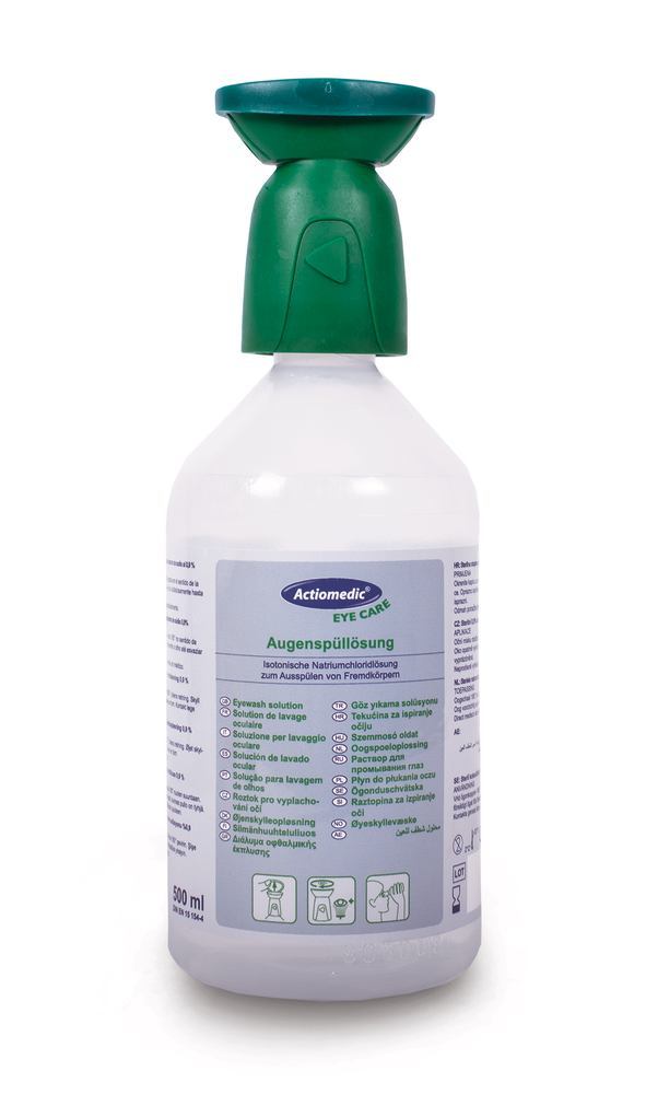 Actiomedic eye wash bottle, NaCl rinsing solution 0.9% sterile 500ml, 1 unit(s) - Luminix Health