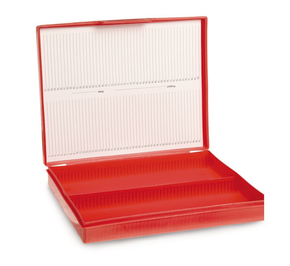 Microscope slide box, 100 slots, red, 1 unit(s) - Luminix Health