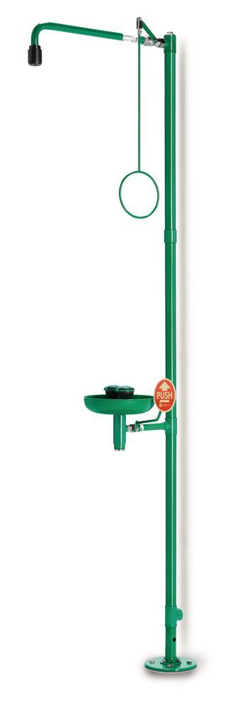 Emergency shower combo f. floor mounting, w/eye shower, two spray heads, w/basin - Luminix Health
