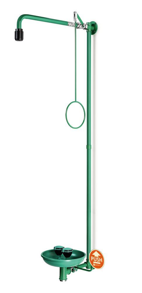 Emergency shower combo f. wall mounting, With eye shower with collection basin - Luminix Health