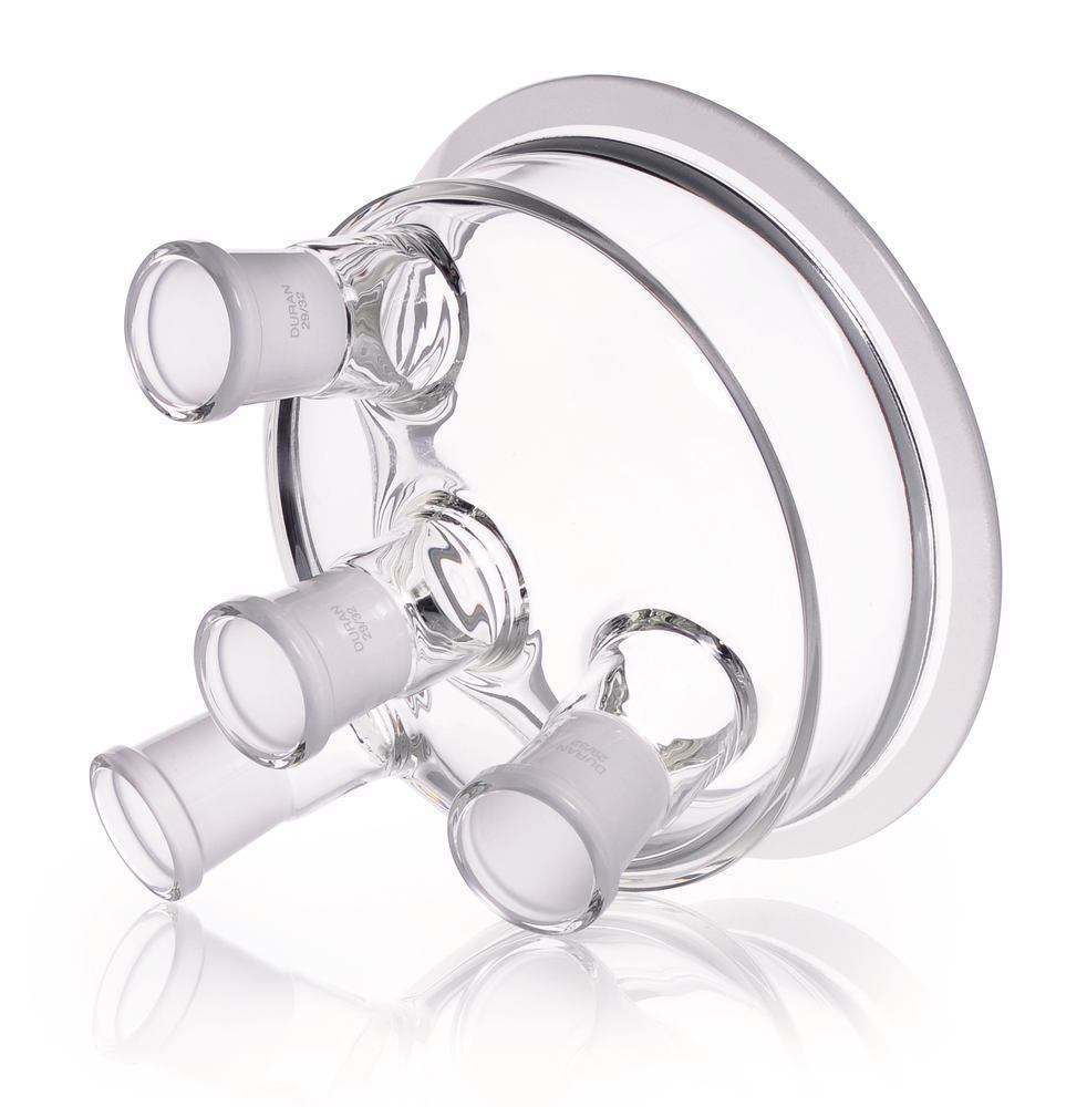 Flat flange lid DURAN® 4 necks with NS centre neck, 3 inclined side necks - Luminix Health