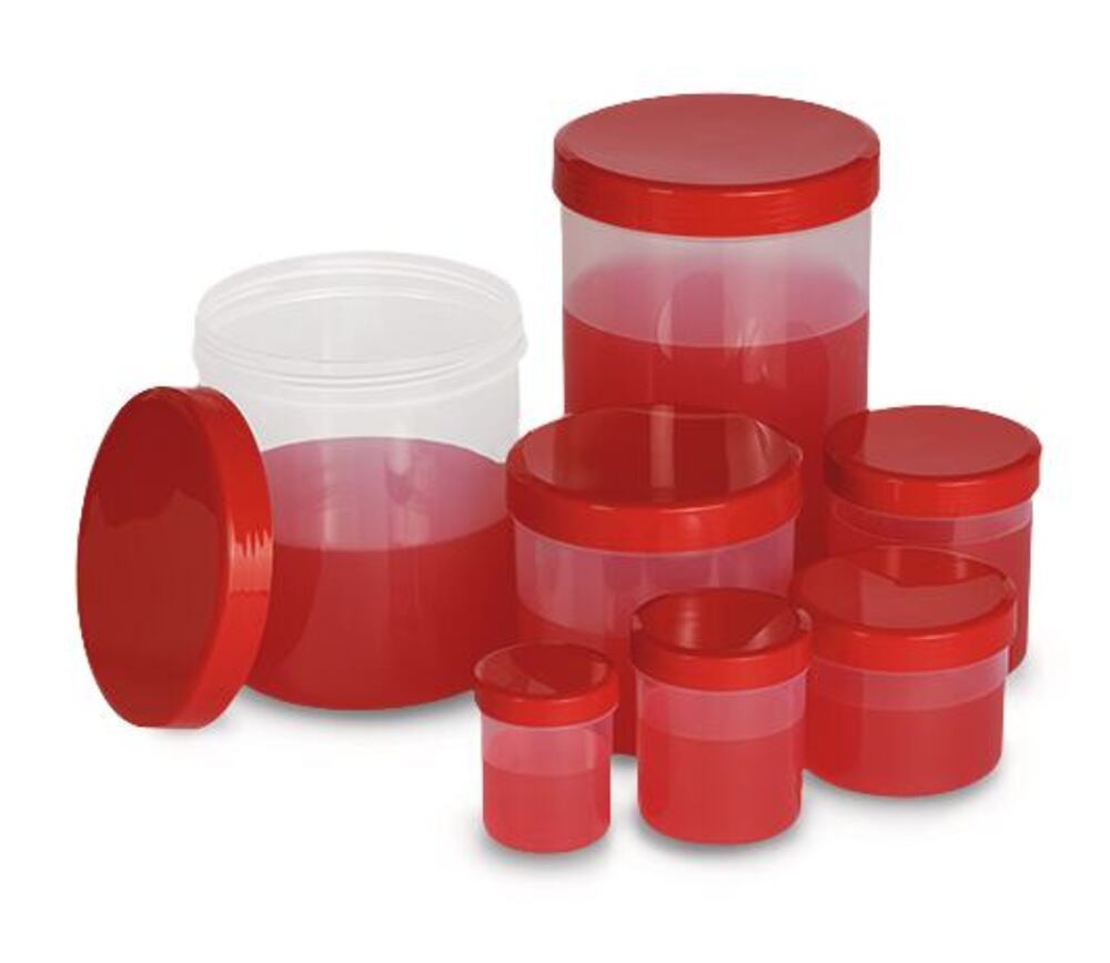 Tubs with screw-on lids, PP, transparent, red lid, 12 ml