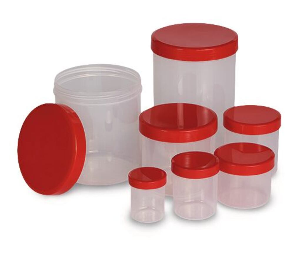 Tubs with screw-on lids, PP, transparent, red lid, 500 ml