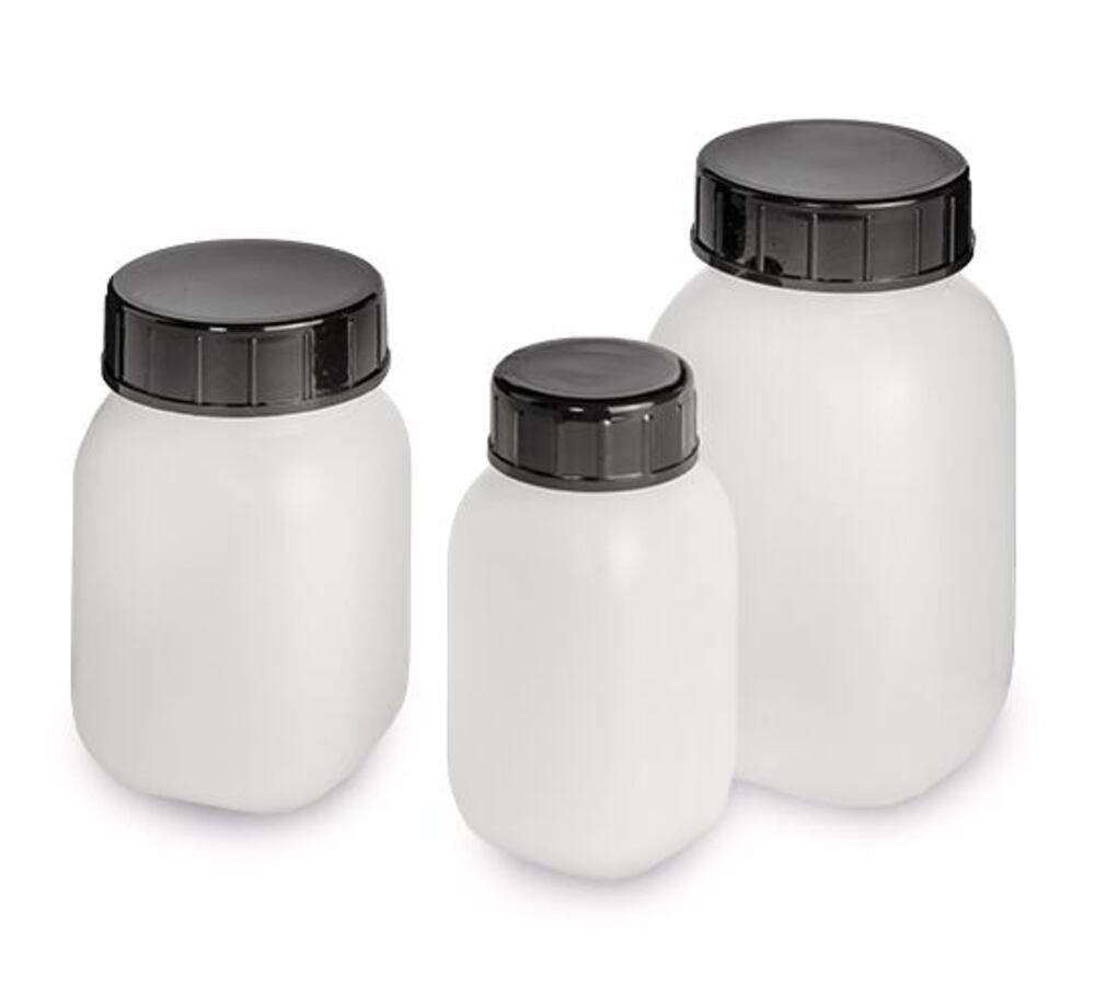 Wide mouth bottles HDPE, white, square, lid black, 500 ml