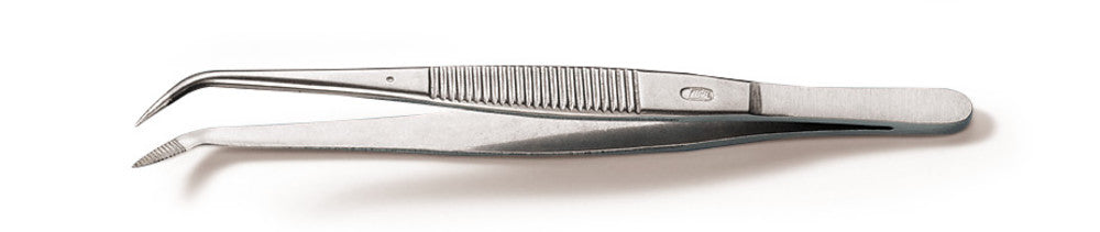 Forceps, bent, pointed, surgical, made of Remanit 4301, length 130 mm, 1 unit(s) - Luminix Health
