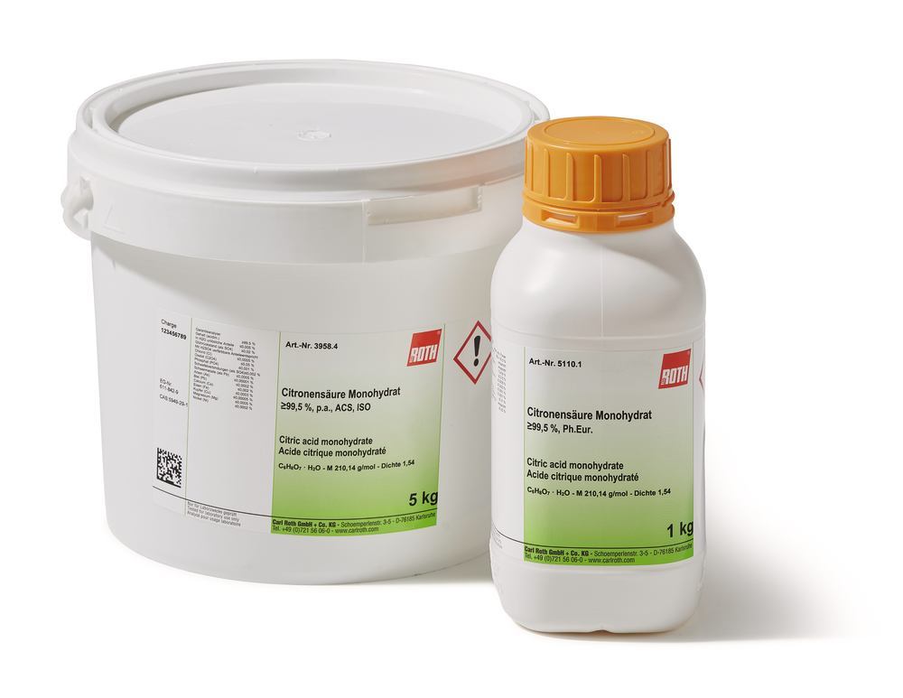 Citric acid monohydrate, min. 99,0 %, pure, 500 g, plastic - Luminix Health