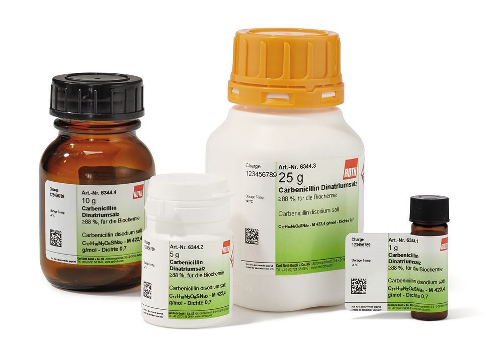 Carbenicillin disodium salt, min. 88 %, for biochemistry, 1 g, glass - Luminix Health