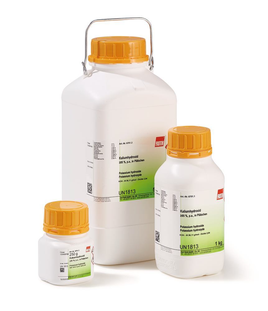 Potassium hydroxide, min. 85 %, p.a., pellets, 250 g, plastic - Luminix Health