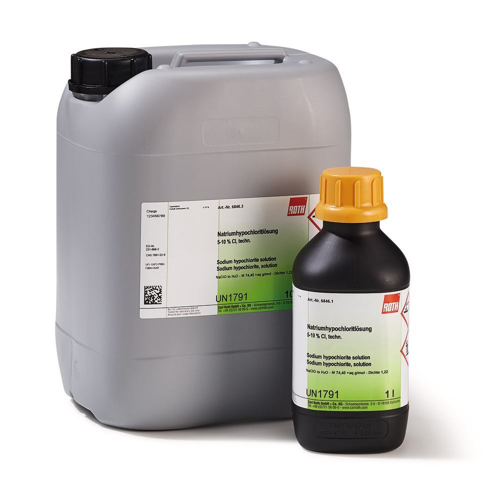 Sodium hypochlorite solution, 5-10 % Cl, techn., 1 l, plastic - Luminix Health