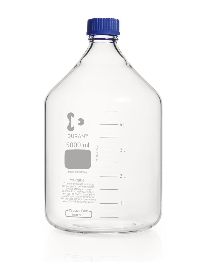 Screw neck bottle, DURAN®, transparent, w. pouring spout ring and cap, PP,5000ml - Luminix Health