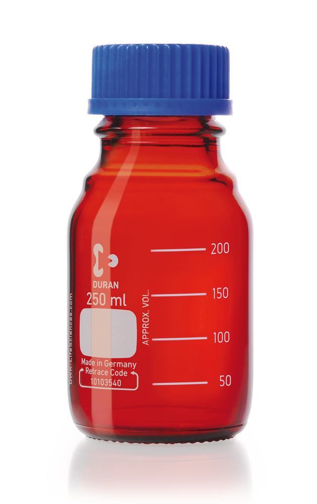 Screw neck bottle, DURAN®, amber, w. pouring spout ring and cap, PP, 250ml - Luminix Health