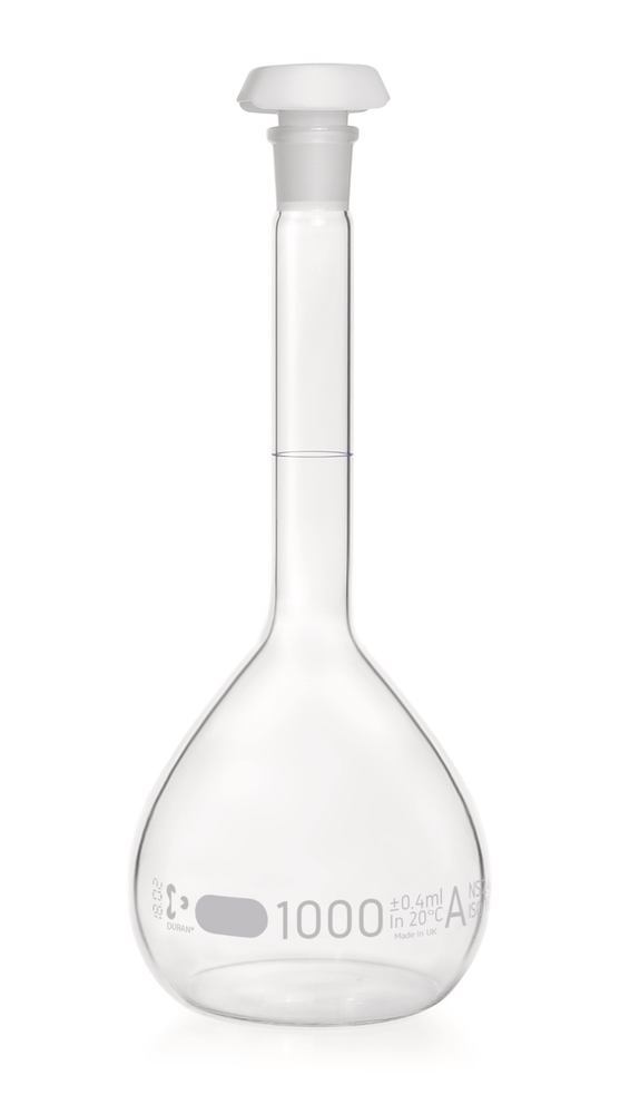 DURAN®-volum. flask, class A,, batch cert., 1 l, 24/29, blue graduation - Luminix Health