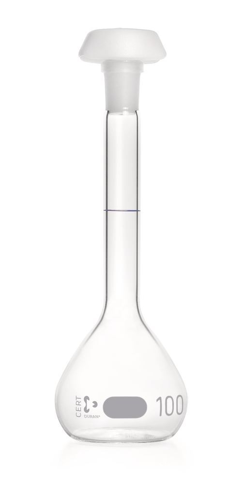 DURAN®-volumetric flask, cl. A, indiv. certific., 100 ml, 14/23, blue grad. - Luminix Health