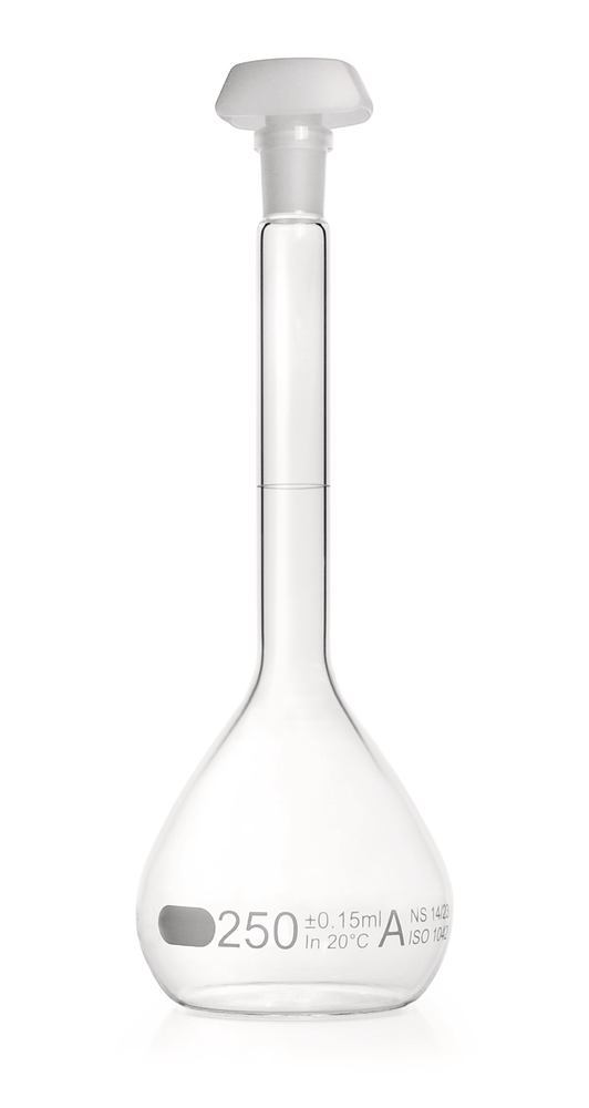 DURAN®-volumetric flask, cl. A,, indiv. certific., 250ml, blue graduation - Luminix Health
