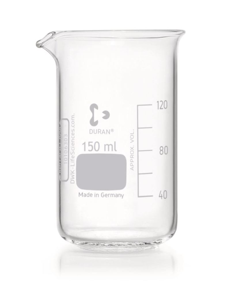 Glass beakers, high form, DURAN®, with graduation and spout, 150 ml, 10 unit(s) - Luminix Health