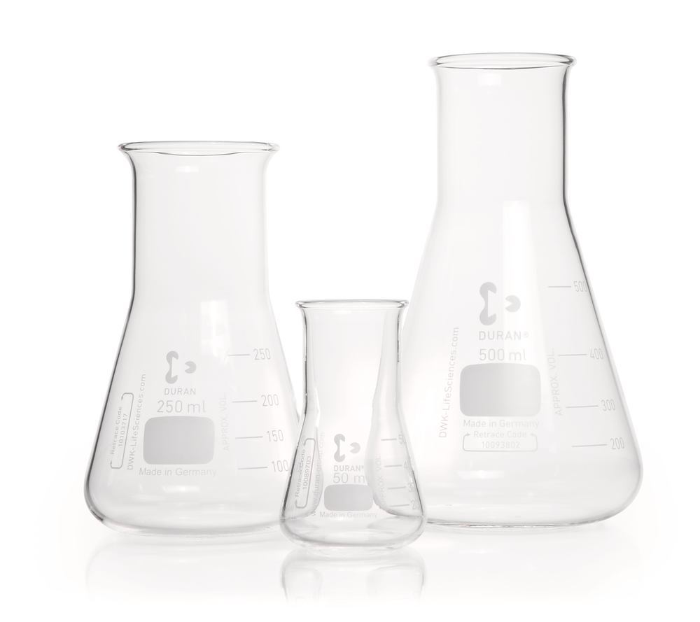 Wide neck Erlenmeyer flasks, DURAN®, scale, 300 ml, DIN 24450, 10 unit(s) - Luminix Health