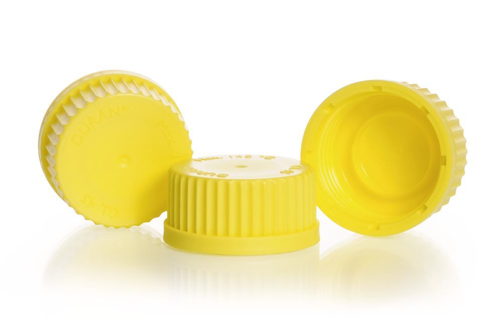 Screw caps, w. lip seal gasket, PP,yellow, thread 45, 10 unit(s) - Luminix Health