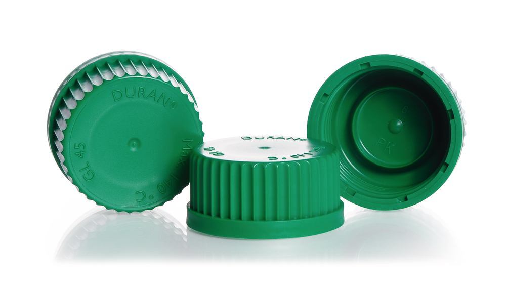 Screw caps, w. lip seal gasket, PP, green, thread 45, 10 unit(s) - Luminix Health