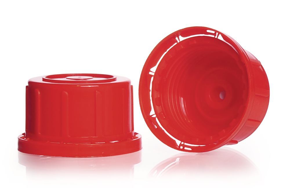 Safety screw cap closures, red, Gew. 45, hohe Form, für EH-Fl., PP, 10 unit(s) - Luminix Health