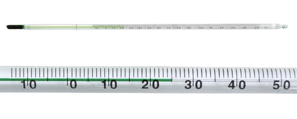 Glass thermometer with green special filling, -10 to +250 °C, 2 °C - Luminix Health