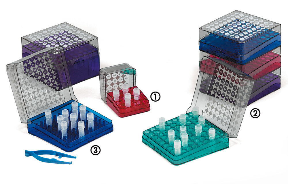 Rotilabo®-cryo storage boxes, stand. box, assort. by color, 9x9 holes - Luminix Health