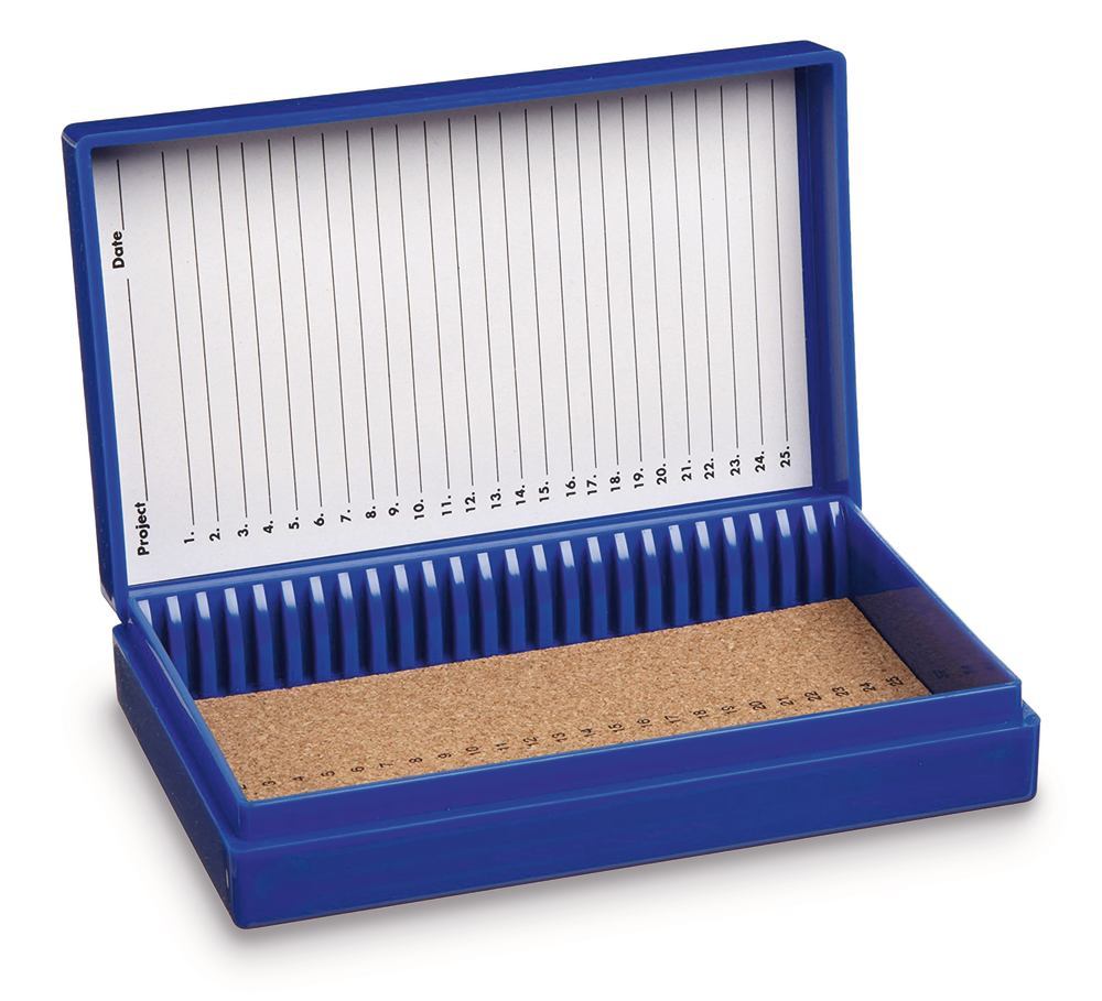 Rotilabo® microscope slide box, PS, blue, L 141 x W 88 x H 35 mm, 25 slots - Luminix Health