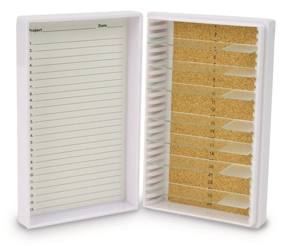 Rotilabo® microsc. slide box, PS, white, L 141 x W 88 x H 35 mm, 25 slots - Luminix Health