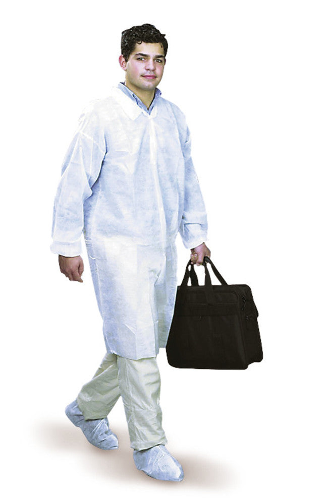 Disposable coats, PP, white, with 2 pockets, snap-fasteners, size L, 10 unit(s) - Luminix Health